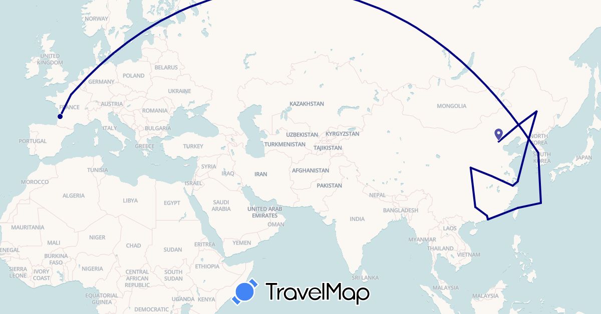 TravelMap itinerary: driving in China, France, Japan, South Korea, Macau, Taiwan (Asia, Europe)